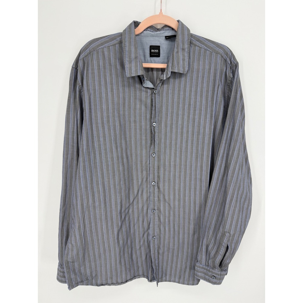 Hugo Boss Lorenzo Shirt Men 2XL Grey Striped Regular Fit 100% Cotton Long Sleeve